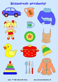 Rôznorodé predmety - farebný pracovný list z ABC materská škola